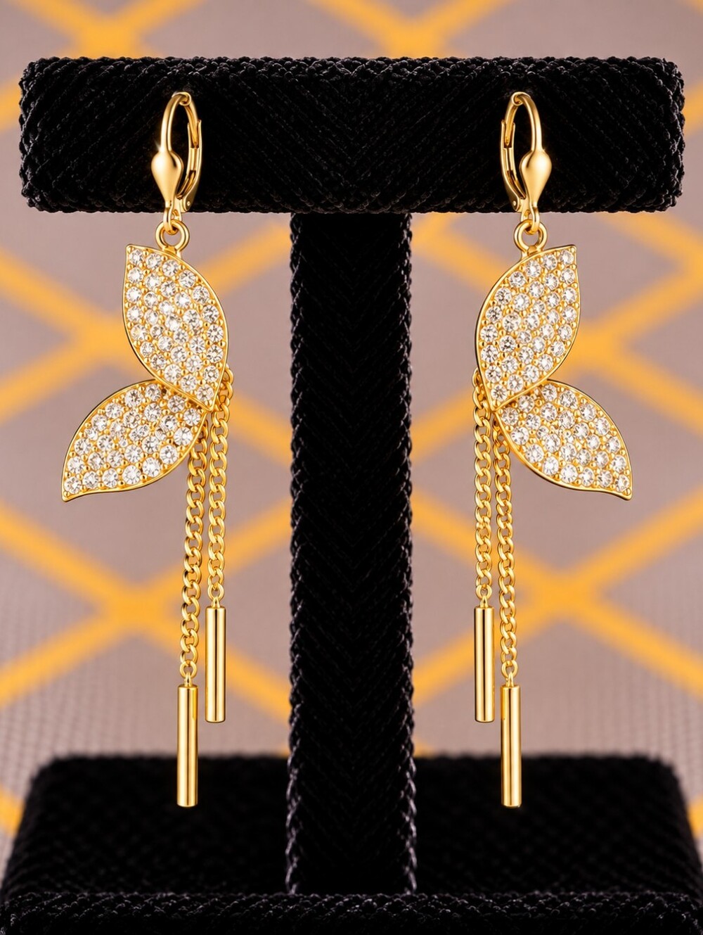 22kgp Dubai Jewelry Gold Crystal Leaf Drop Earrings